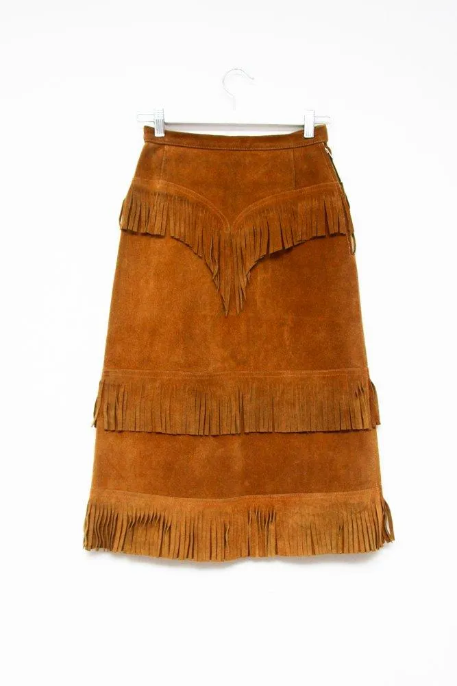 0593_SUEDE VINTAGE FRINGE CAMEL MIDI SKIRT