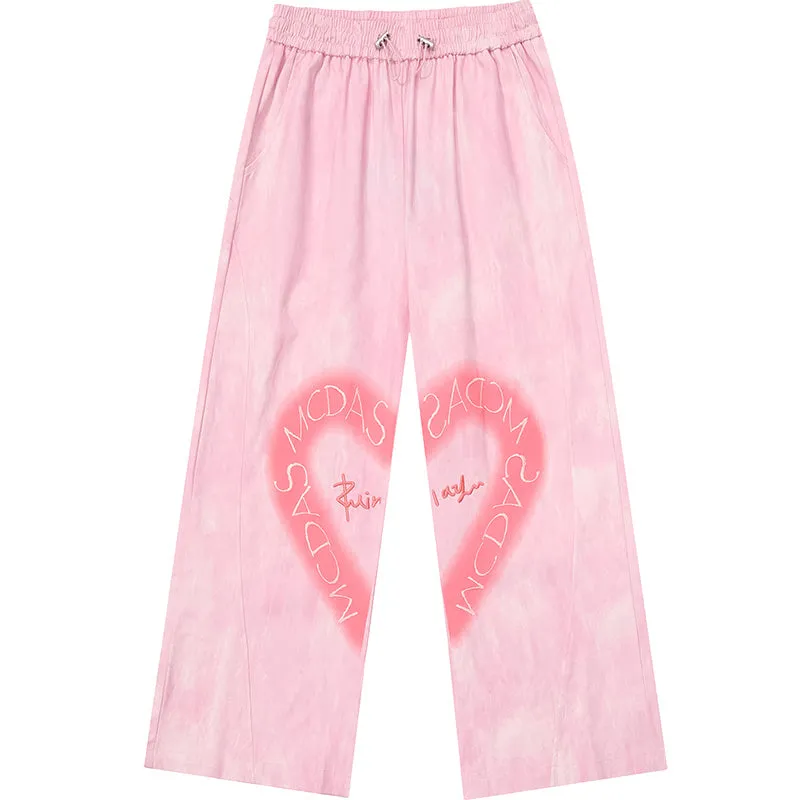 American Y2K Style Pink Love Heart Embroidered Straight Pants