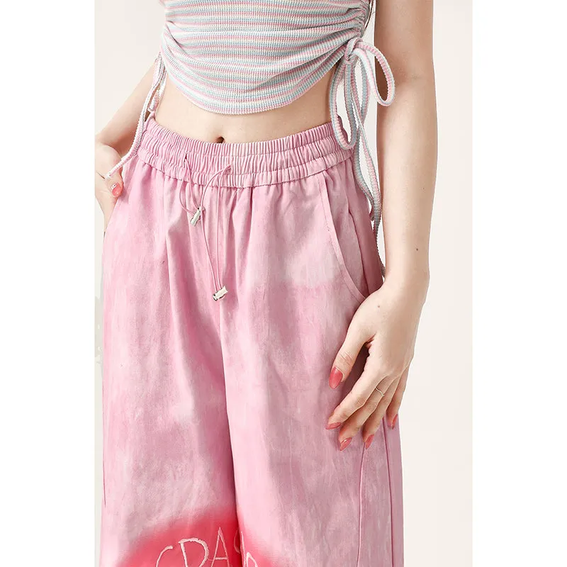 American Y2K Style Pink Love Heart Embroidered Straight Pants