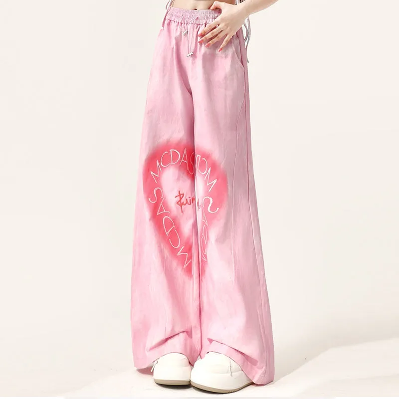 American Y2K Style Pink Love Heart Embroidered Straight Pants
