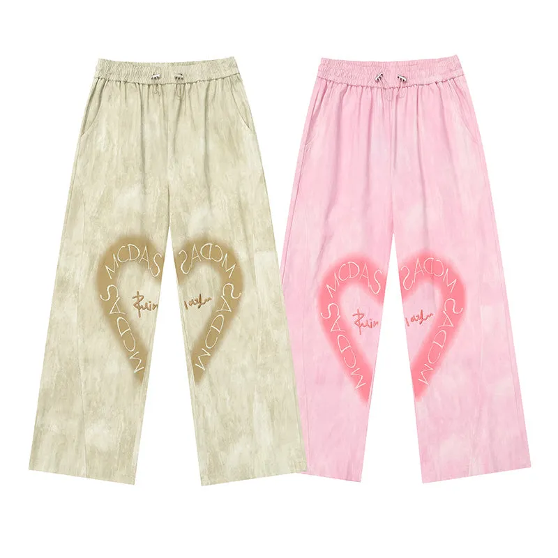 American Y2K Style Pink Love Heart Embroidered Straight Pants