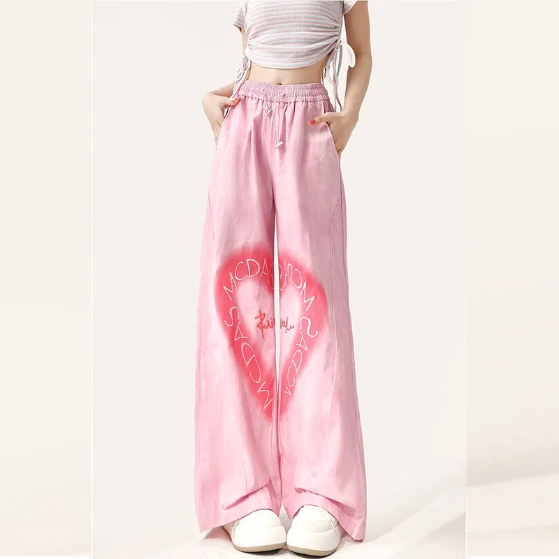 American Y2K Style Pink Love Heart Embroidered Straight Pants