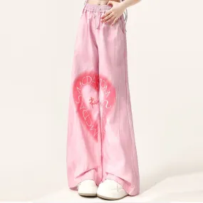 American Y2K Style Pink Love Heart Embroidered Straight Pants