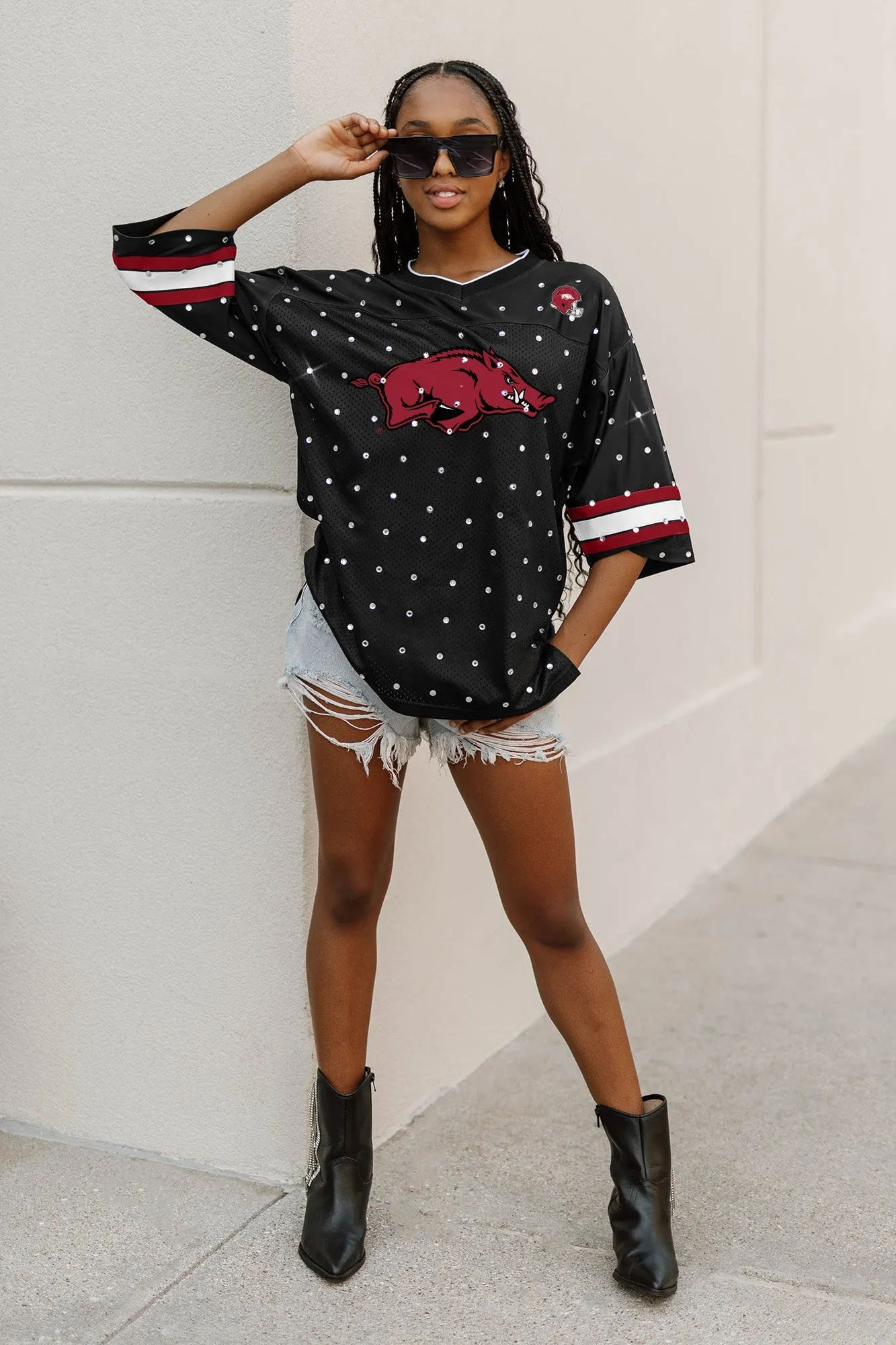 ARKANSAS RAZORBACKS KICKOFF TIME ALL-OVER RHINESTONE V-NECK SPORTS STRIPE FASHION JERSEY TOP