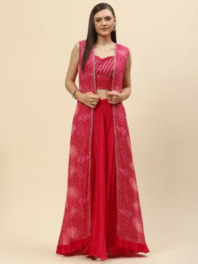 Bandhani Printed Georgette Crop Top With Palazzo & Jacket
