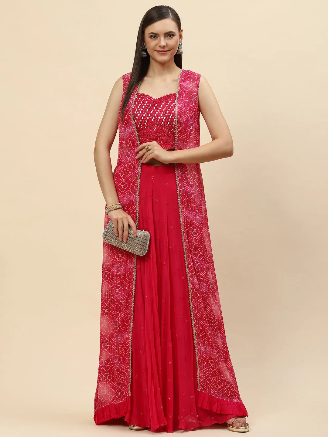 Bandhani Printed Georgette Crop Top With Palazzo & Jacket