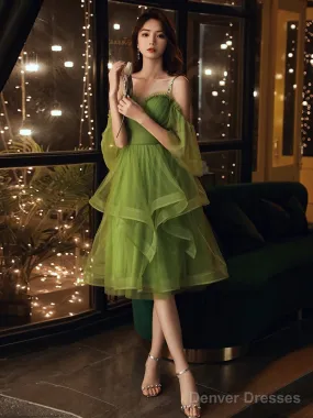 Beautiful Green Beaded Straps Short Formal Dresses, Green Evening Dresses