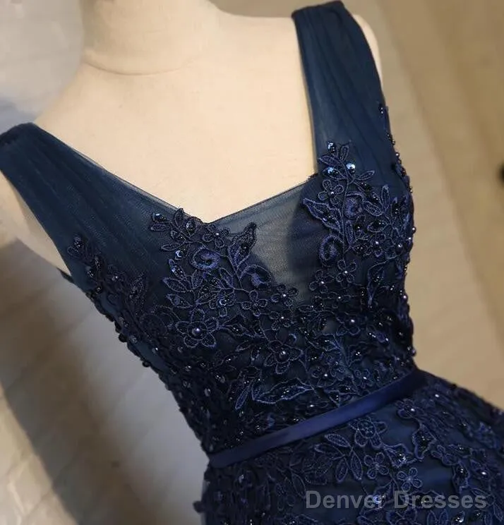 Beautiful Navy Blue Knee Length Homecoming Dresses, V-Neckline Short Formal Dresses