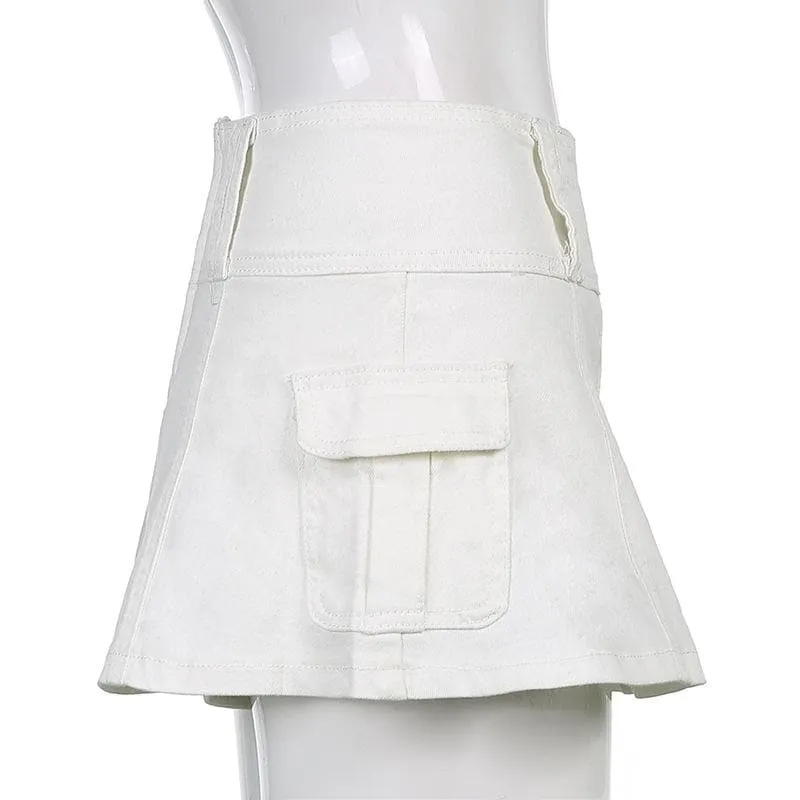 BerriesJam - A Zip-Up Cargo Pocket Solid Medium Rise Denim Midi Skirt