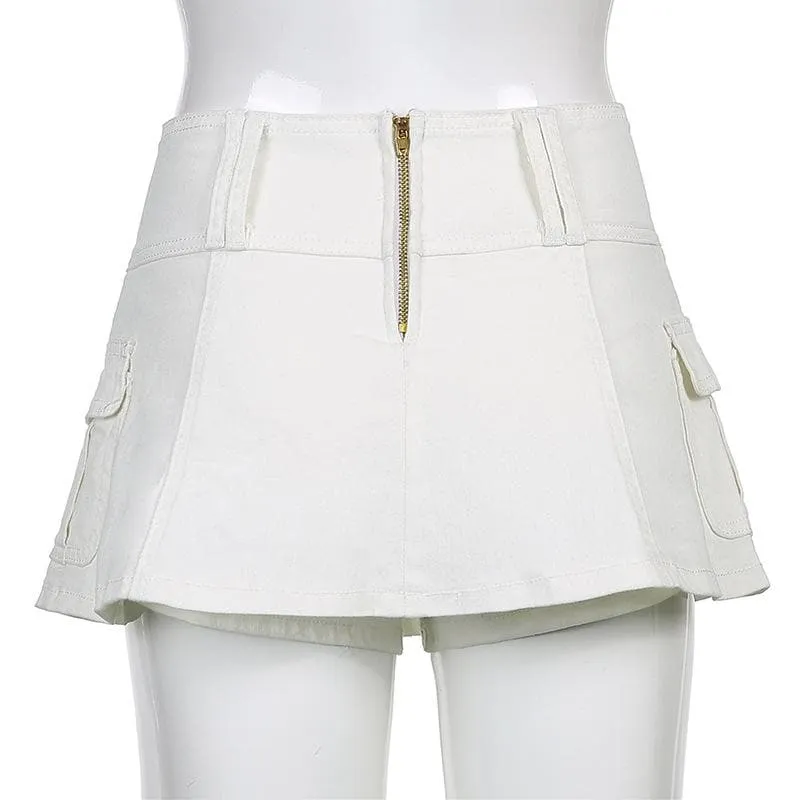 BerriesJam - A Zip-Up Cargo Pocket Solid Medium Rise Denim Midi Skirt