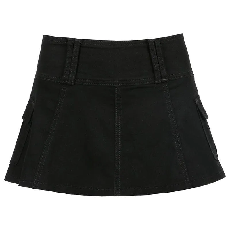 BerriesJam - A Zip-Up Cargo Pocket Solid Medium Rise Denim Midi Skirt