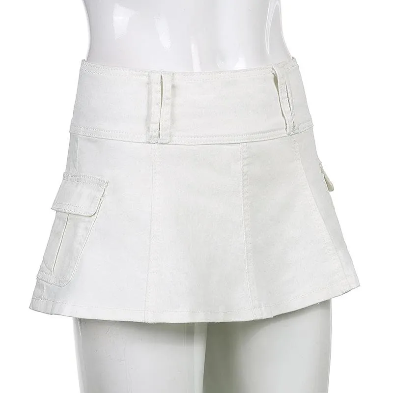 BerriesJam - A Zip-Up Cargo Pocket Solid Medium Rise Denim Midi Skirt