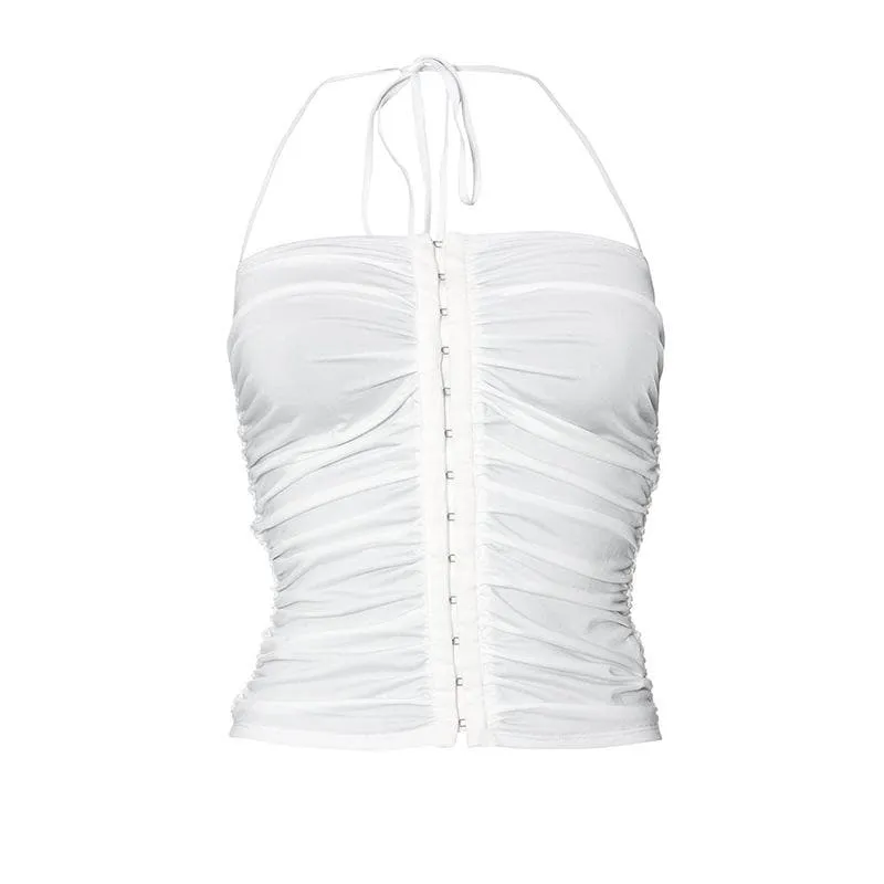 BerryBetty - Button ruched solid halter backless crop top