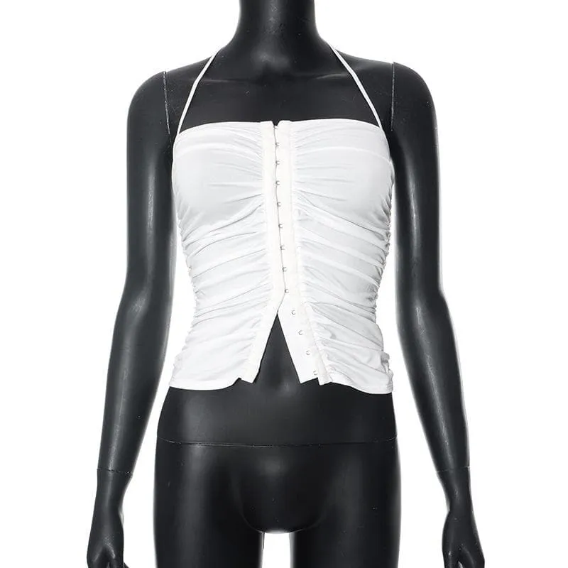 BerryBetty - Button ruched solid halter backless crop top