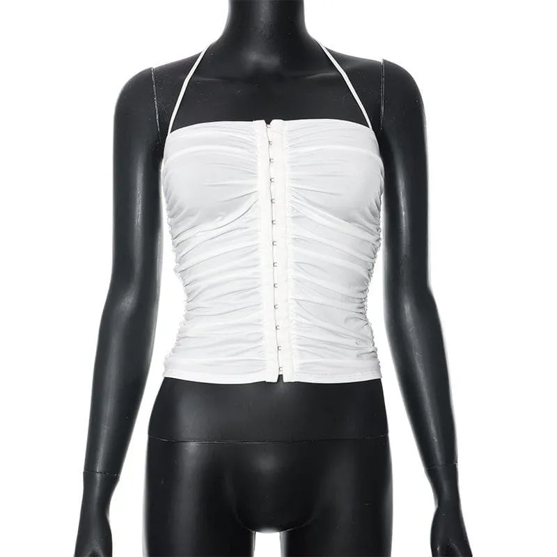 BerryBetty - Button ruched solid halter backless crop top