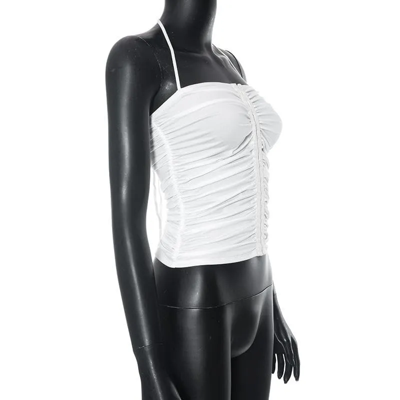 BerryBetty - Button ruched solid halter backless crop top
