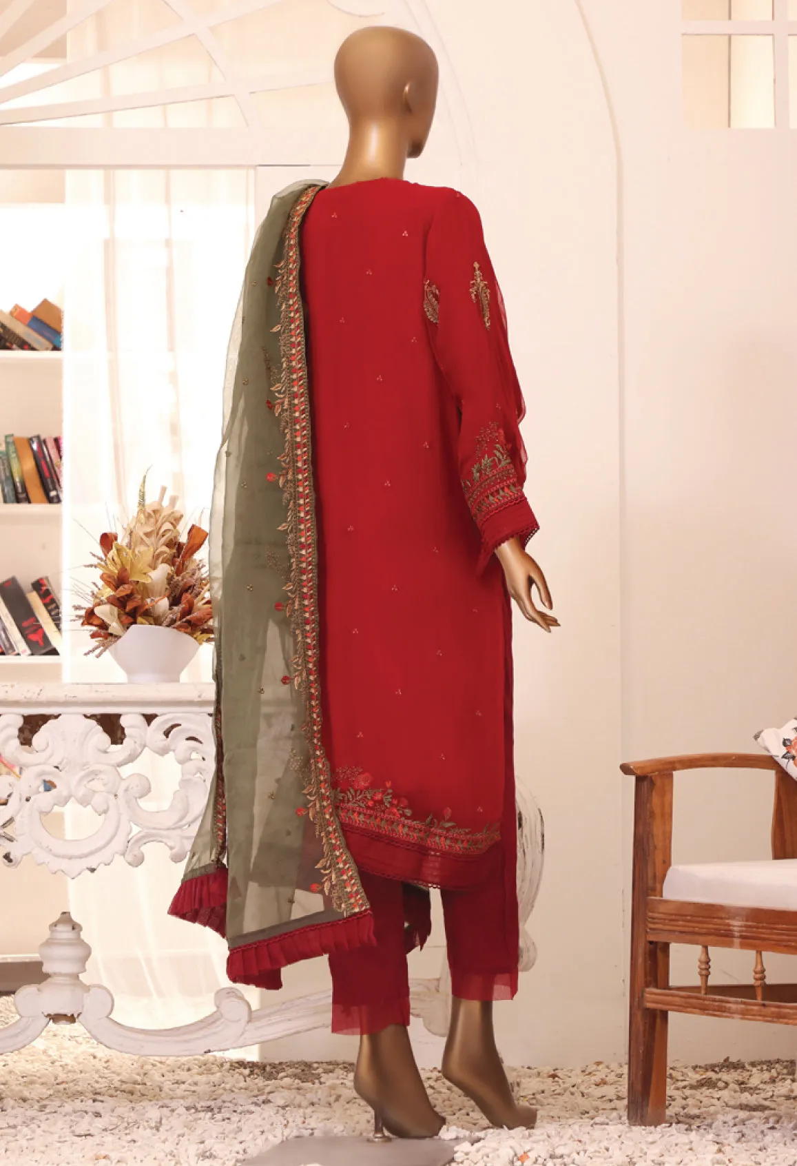 Bin Saeed Stitched 2 Piece Formal Embroidered Chiffon Collection'2022-ZEFC-0010-Maroon