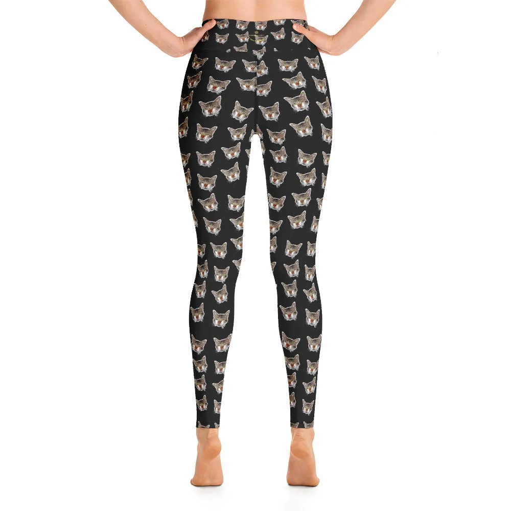 Black Cat Leggings, Calico Peanut Cat Women's Yoga Pants Long Tights- Made in USA/EU