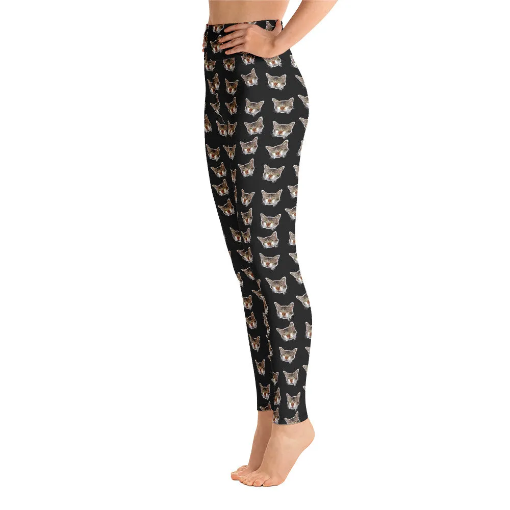 Black Cat Leggings, Calico Peanut Cat Women's Yoga Pants Long Tights- Made in USA/EU