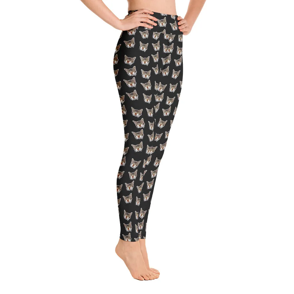 Black Cat Leggings, Calico Peanut Cat Women's Yoga Pants Long Tights- Made in USA/EU