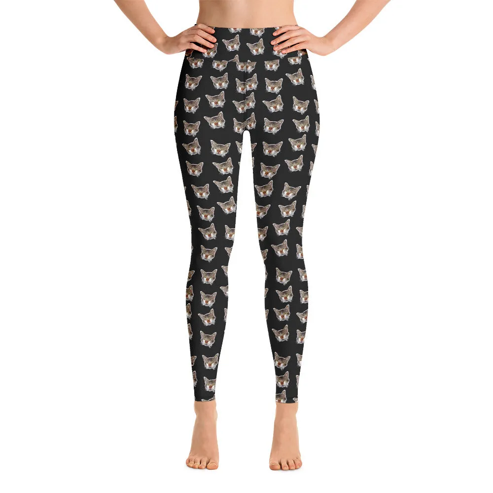 Black Cat Leggings, Calico Peanut Cat Women's Yoga Pants Long Tights- Made in USA/EU