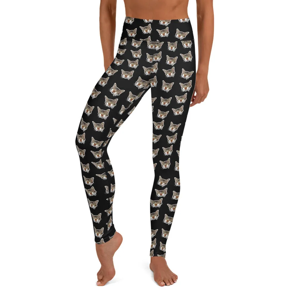 Black Cat Leggings, Calico Peanut Cat Women's Yoga Pants Long Tights- Made in USA/EU