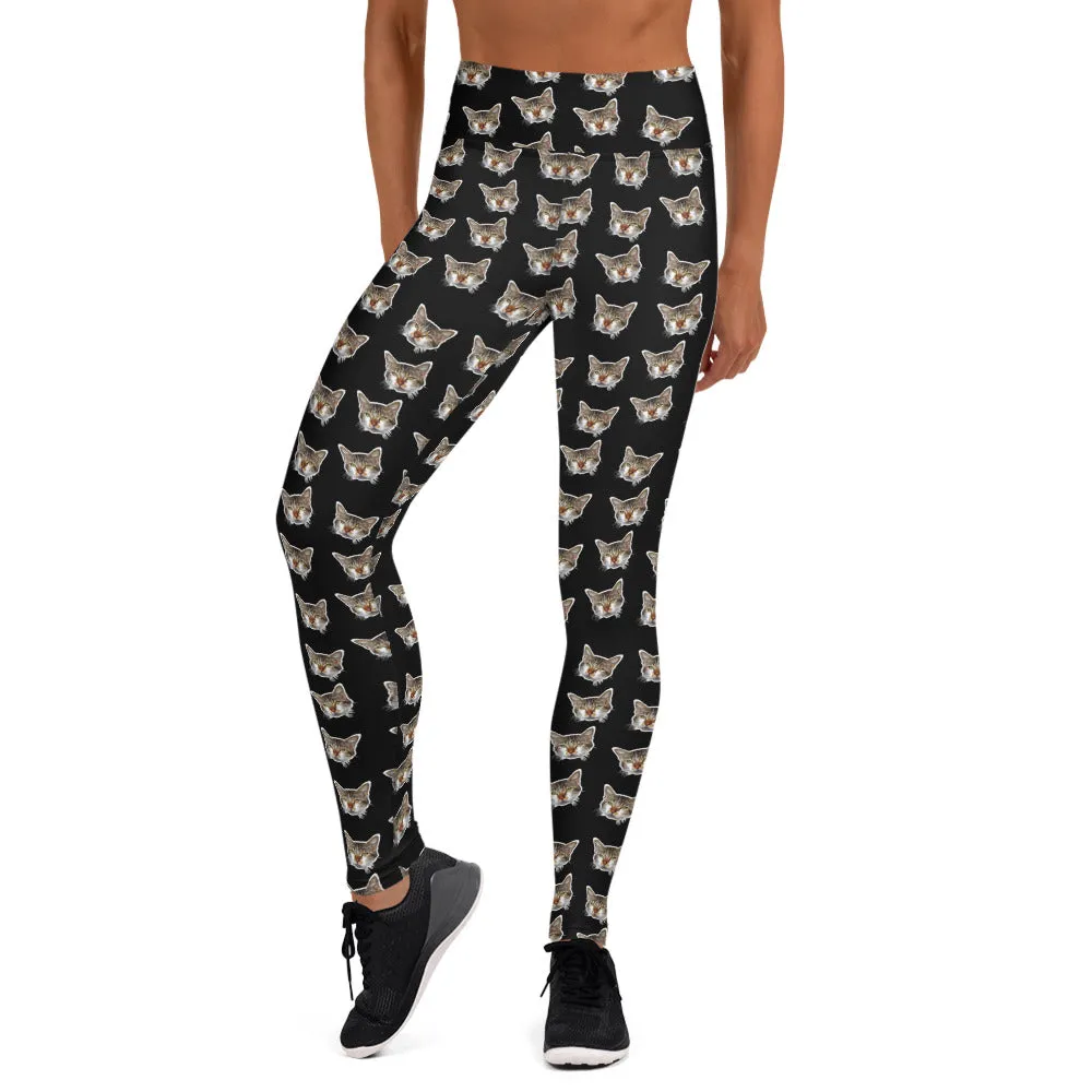 Black Cat Leggings, Calico Peanut Cat Women's Yoga Pants Long Tights- Made in USA/EU