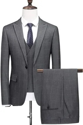 Black Plaid Peaked Lapel Three Pieces Business Formal Suits