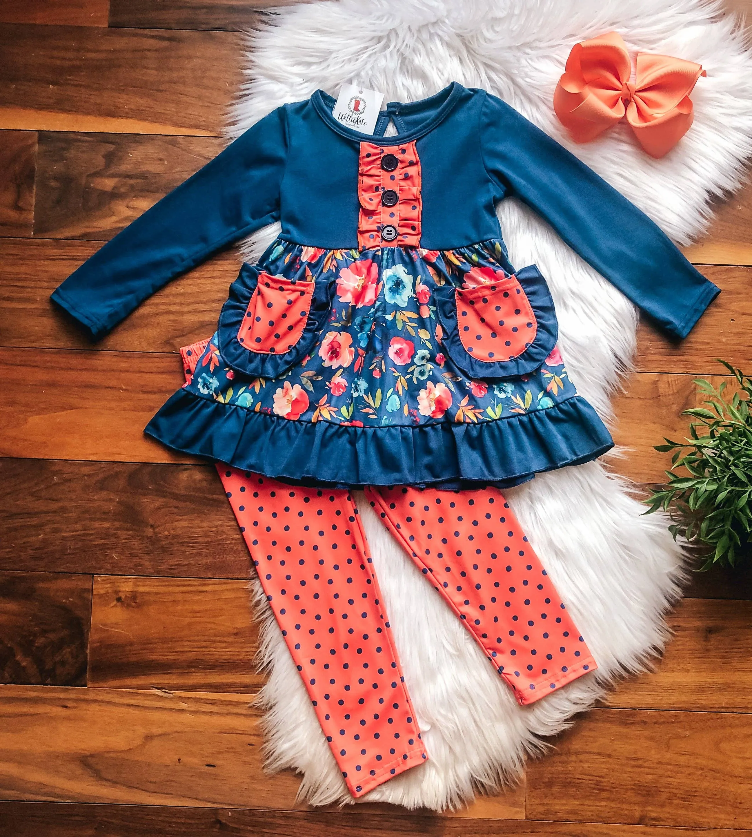 Blue & Orange Floral Pants Set by Wellie Kate