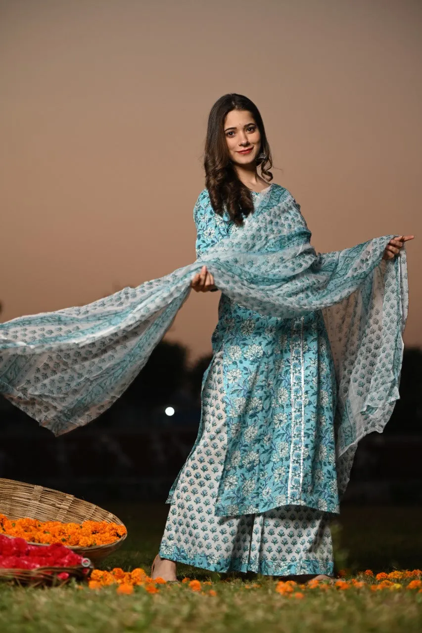 Blue Floral Hand Block Print Cotton Suit Set with Chiffon Dupatta (CSS12CH)