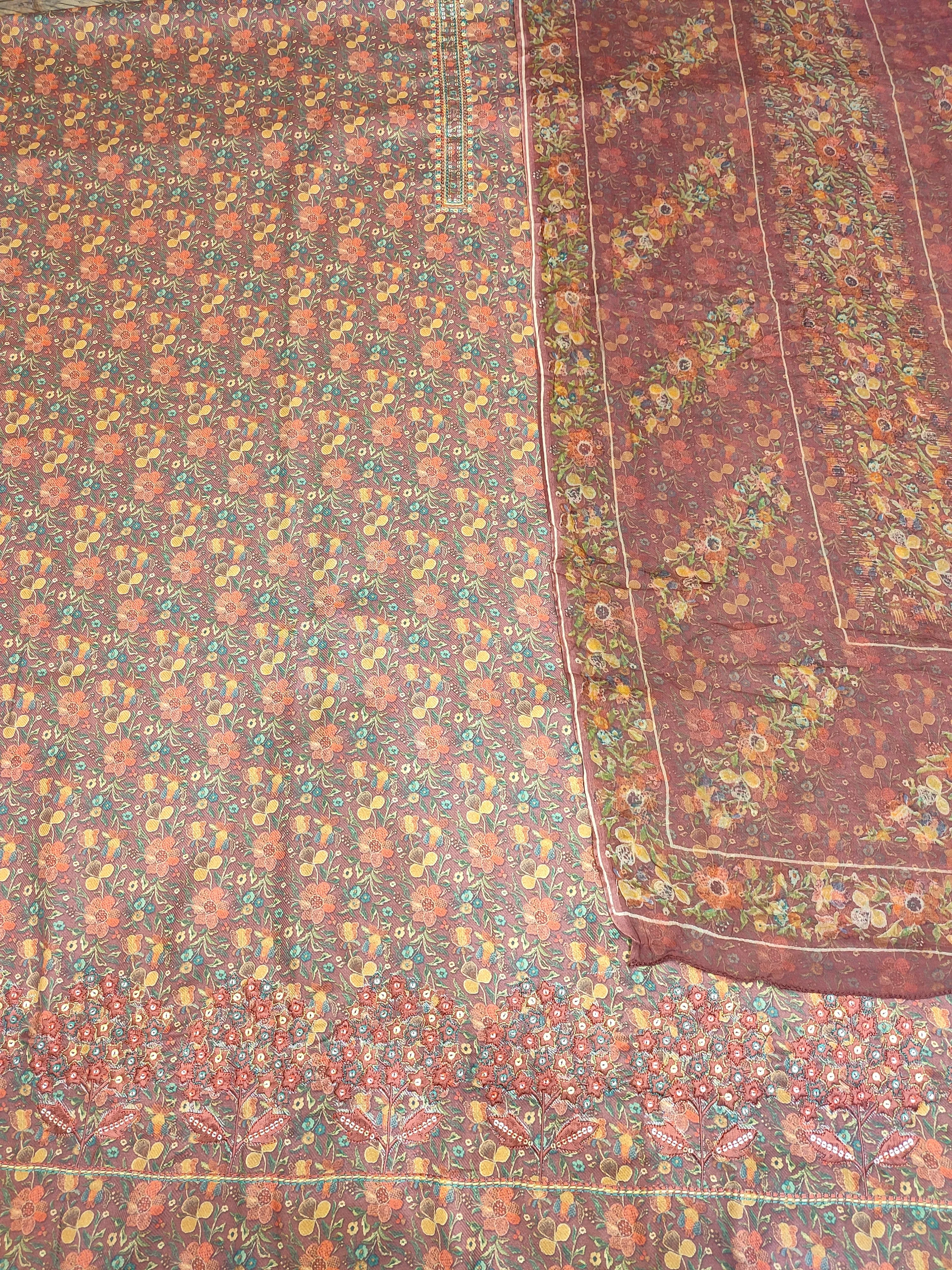 Brown Pashmina Unstitched Suit With Thread Embroidery