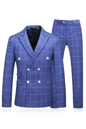 Chic Blue Plaid Peaked Lapel Two Pieces Business Suits Double-Breasted Prom Suits