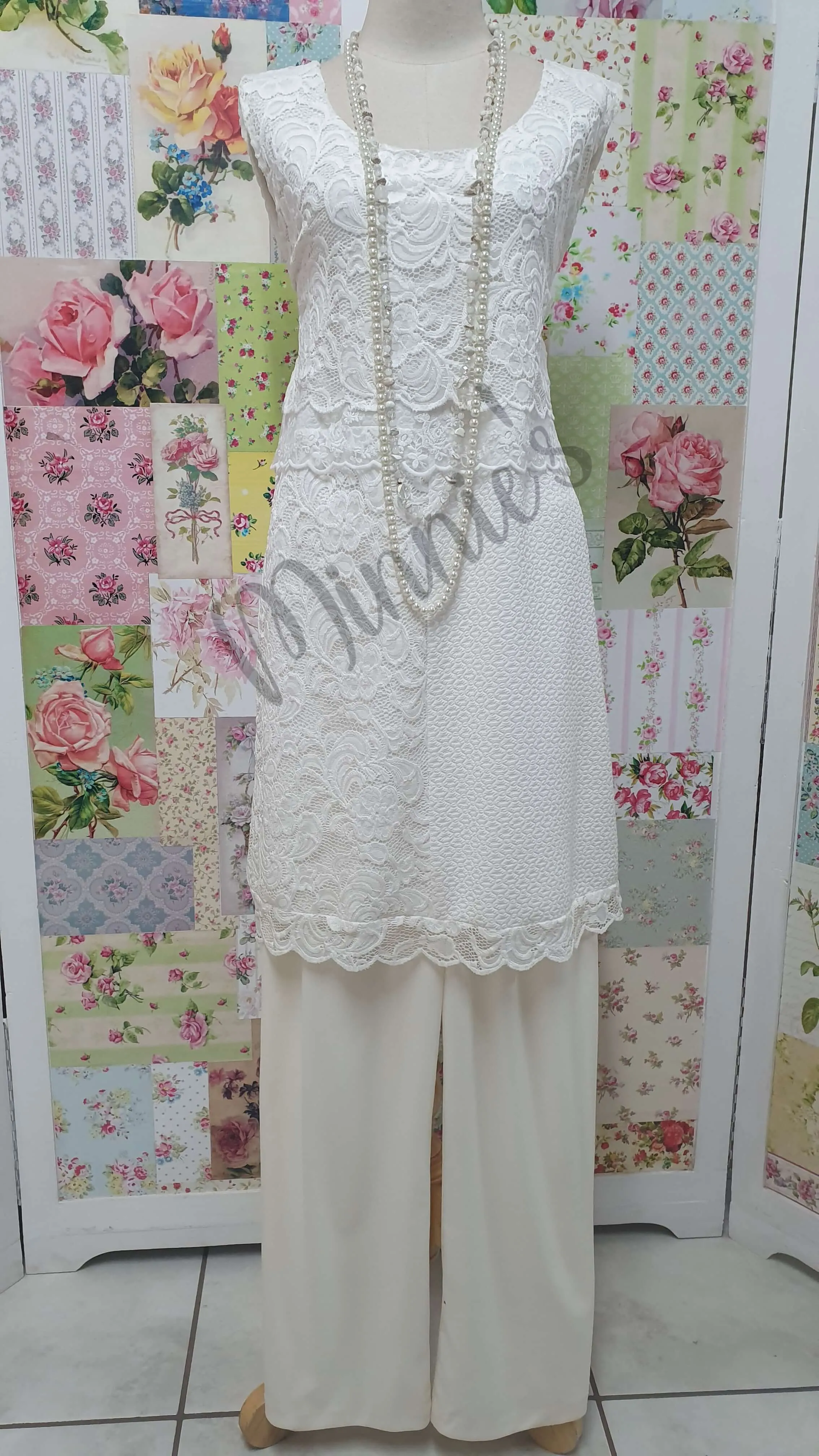 Cream Lace 2-Piece Pants Set AG025