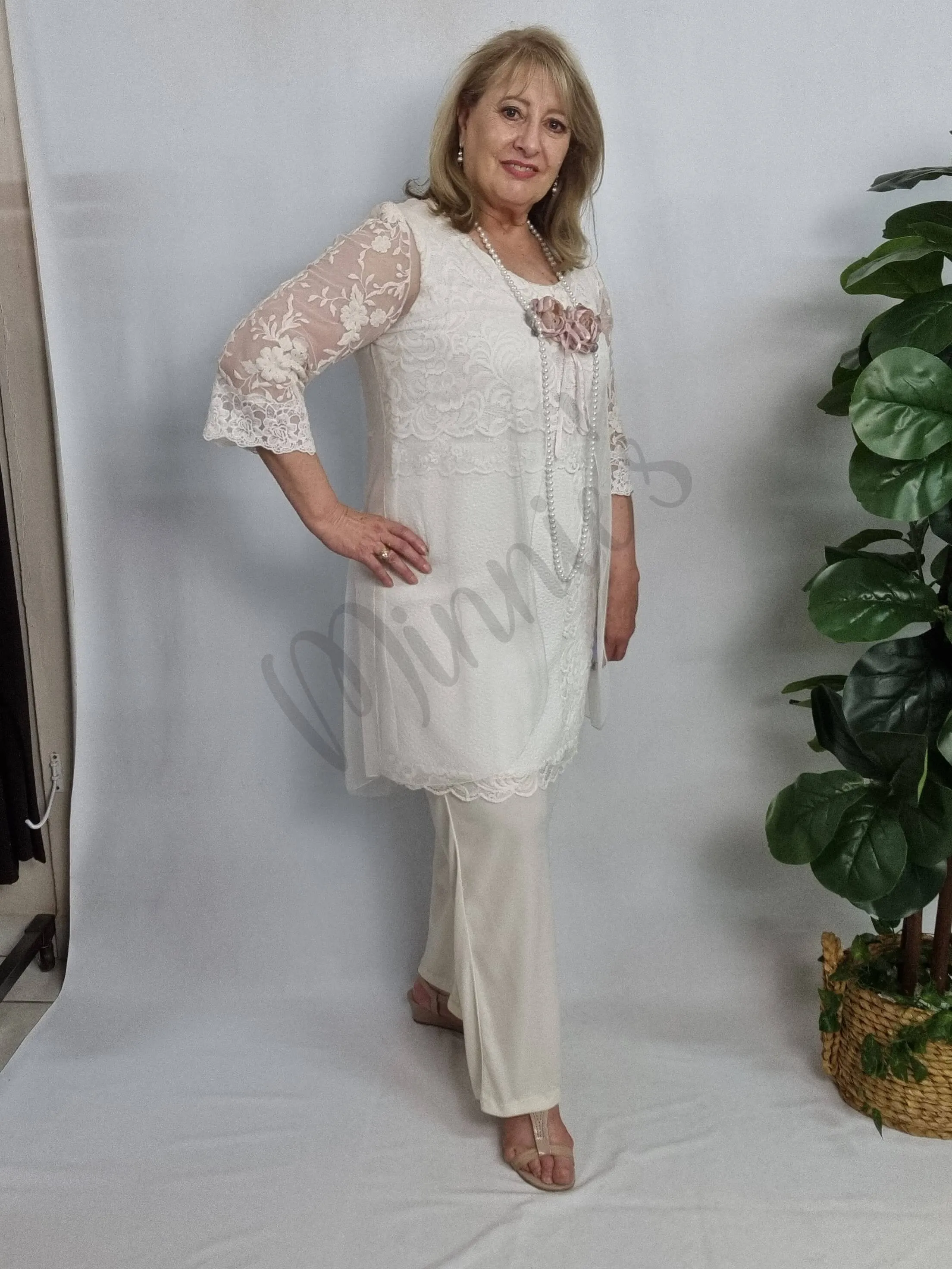 Cream Lace 2-Piece Pants Set AG025