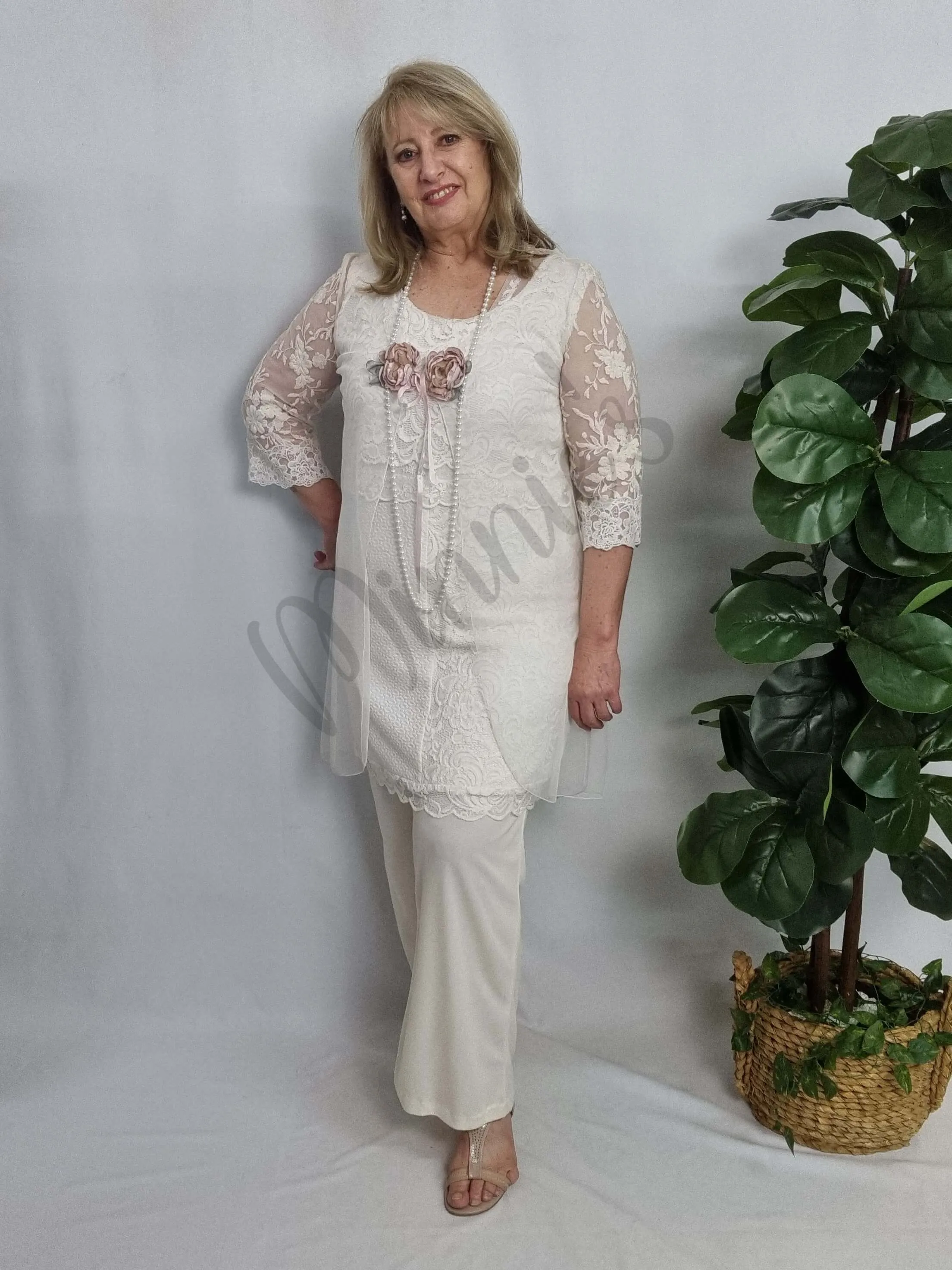 Cream Lace 2-Piece Pants Set AG025