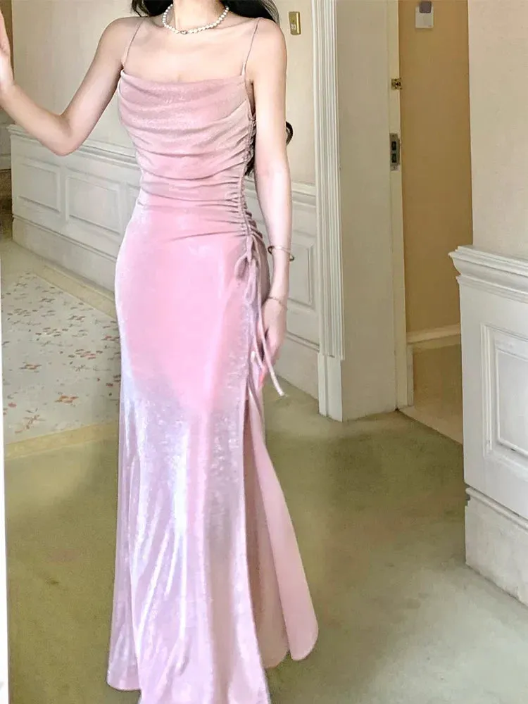 Elegant Formal Women's Dresses Spaghetti Straps Pink Sparkling Long Prom Dress Formal Party Gown