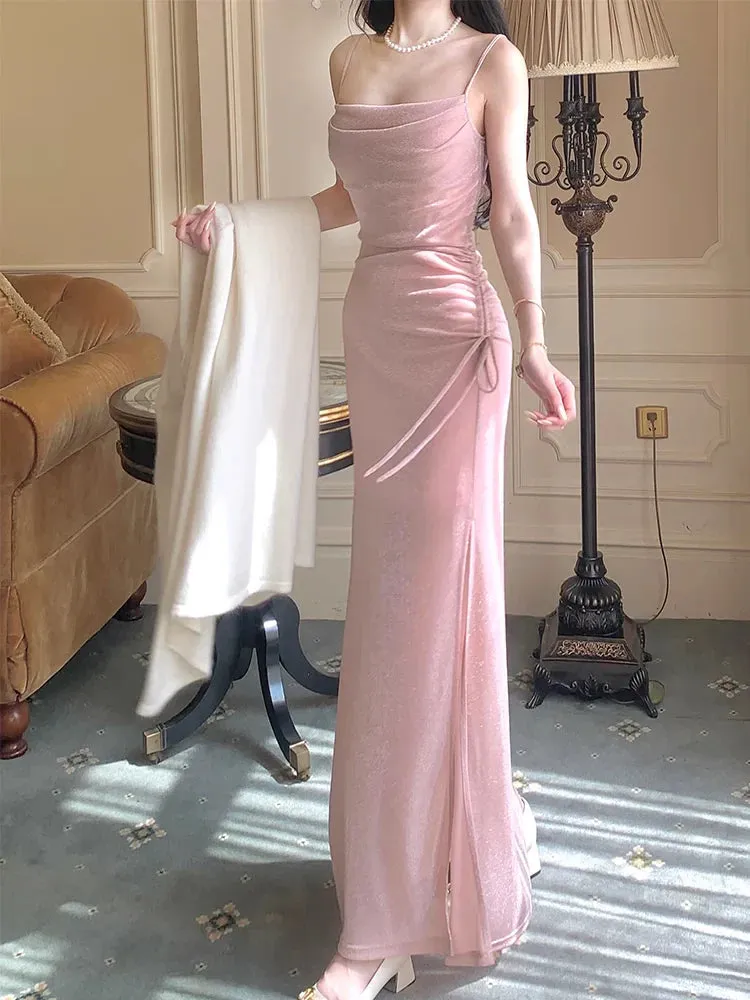 Elegant Formal Women's Dresses Spaghetti Straps Pink Sparkling Long Prom Dress Formal Party Gown