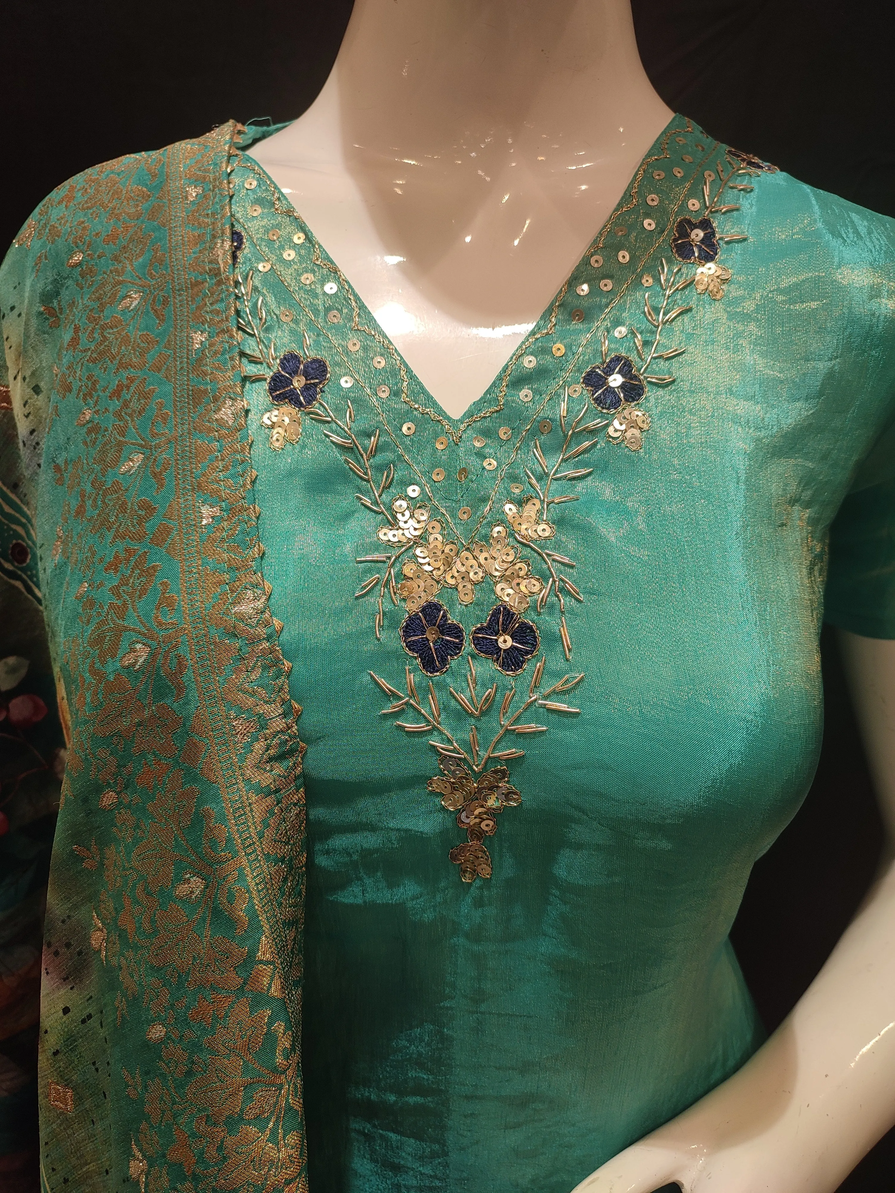 Firozi Tissue Semi-Stitch Without Sleeves Hand Embroidery