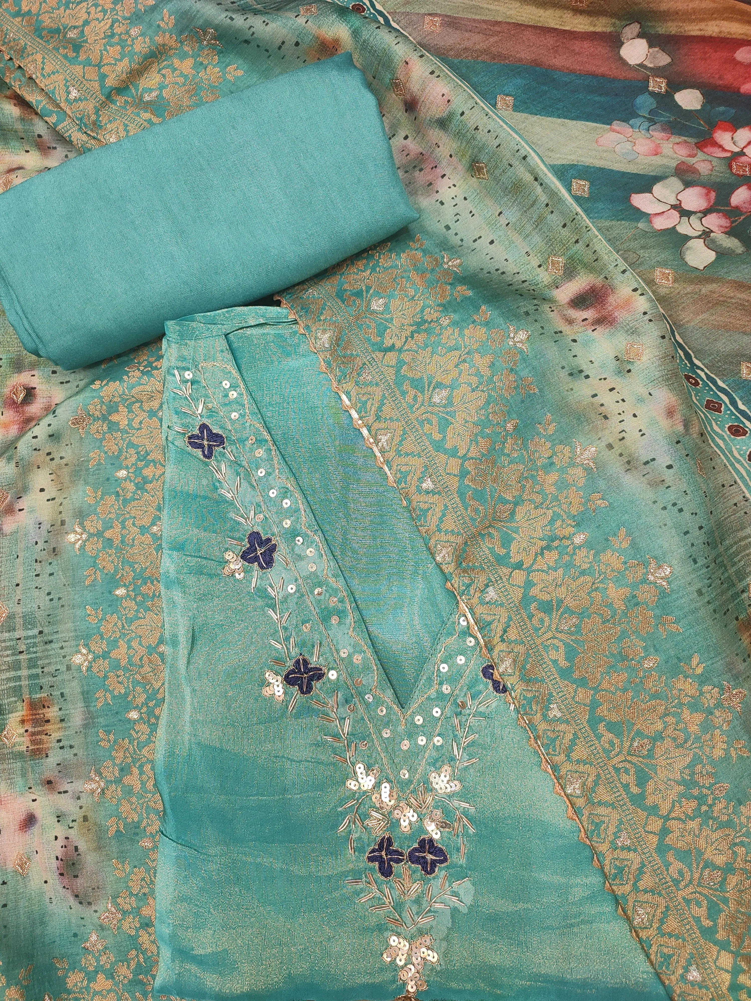 Firozi Tissue Semi-Stitch Without Sleeves Hand Embroidery