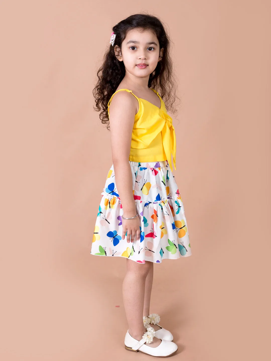 Girls Yellow Solid Top With Skirt - Ps Peaches