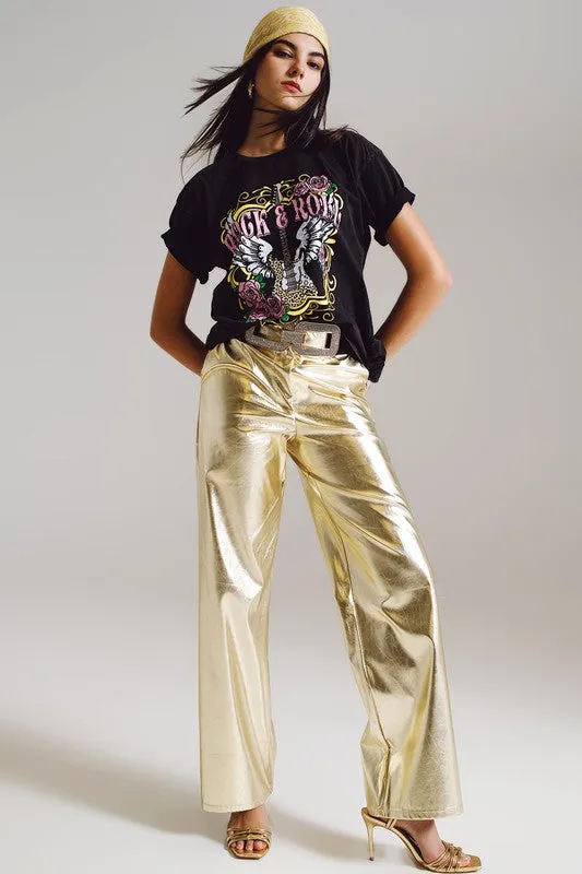 Gold Metallic Straight Leg Pants