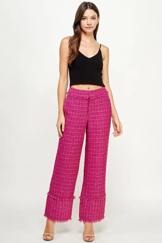 Magenta Frayed Detail Tweed Pants