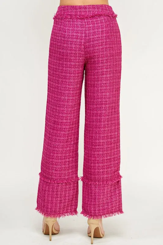 Magenta Frayed Detail Tweed Pants