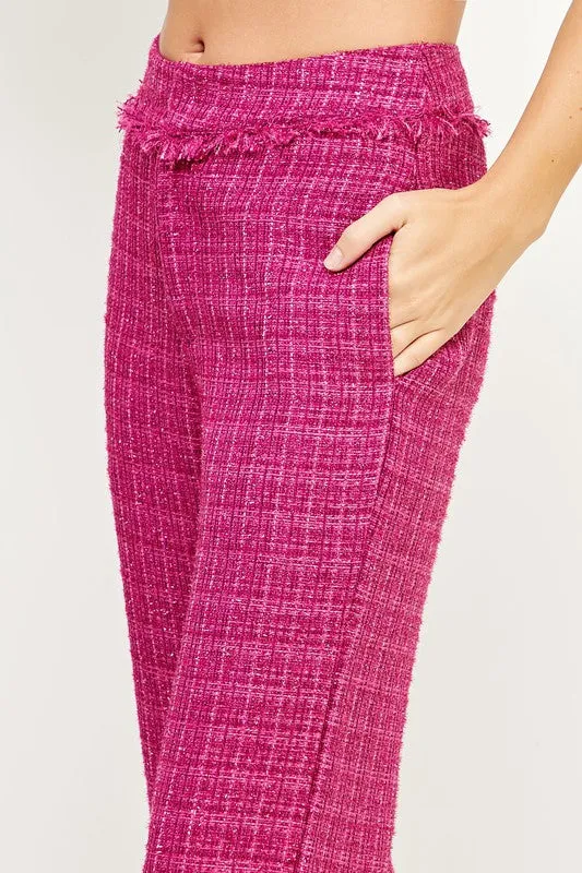 Magenta Frayed Detail Tweed Pants