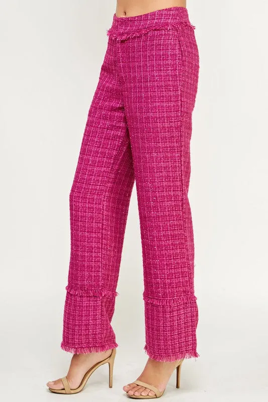 Magenta Frayed Detail Tweed Pants