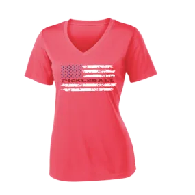 Pickleball Flag Horizontal (Customizable) | Women's Short Sleeve V-Neck Pickleball Shirts | 100% Polyester