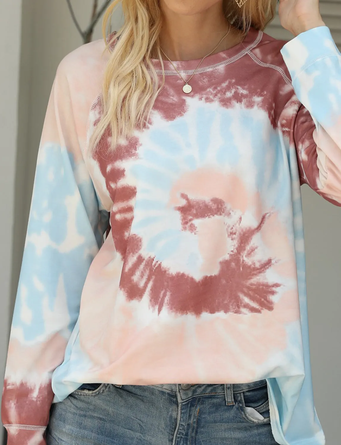 Tie-Dye Loose Tops Round Neck Long Sleeve Sweatshirt
