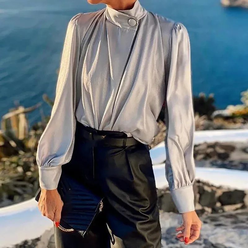 UAKISS  -  Long Sleeve Casual Patchwork Blouses, Women Autumn Simple Half High Collar Shirts, 2024 Solid Loose Elegant Ladies Pullover Tops