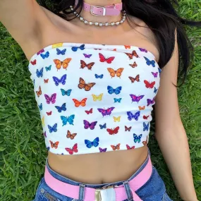 Women top Butterfly Pattern Print Cotton Colorful Slash Neck Tank Strapless Crop Top Camis 2019 Summer Casual Outwear