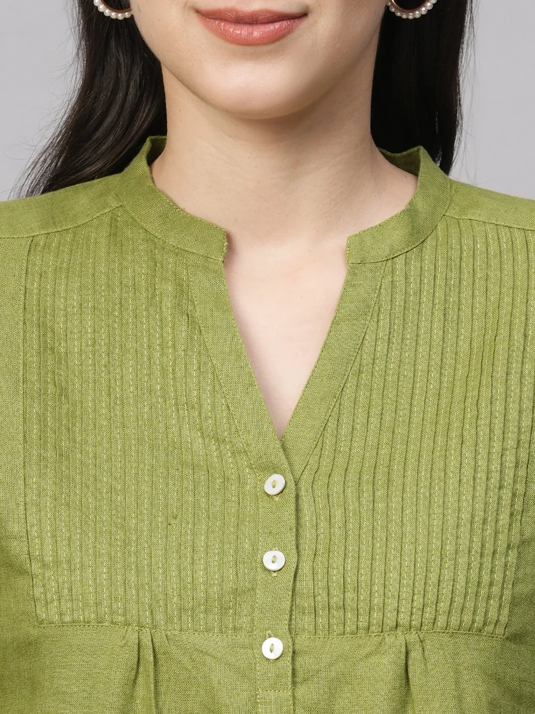 Women's Green Linen Regular Fit Blouse